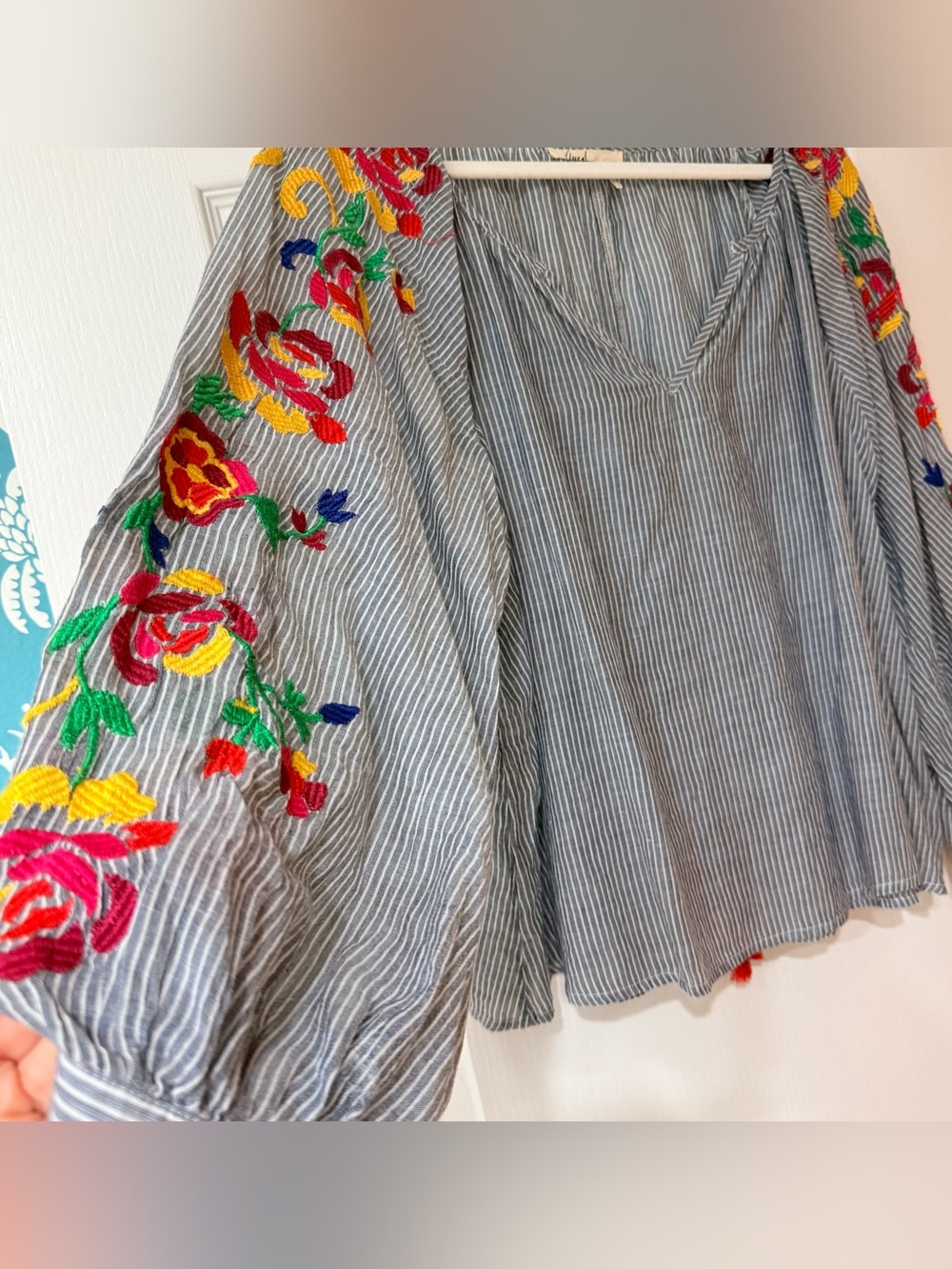 Floreat Anthropologie M Embroidered Floral Striped Blouse Tassel Boho Cotton
